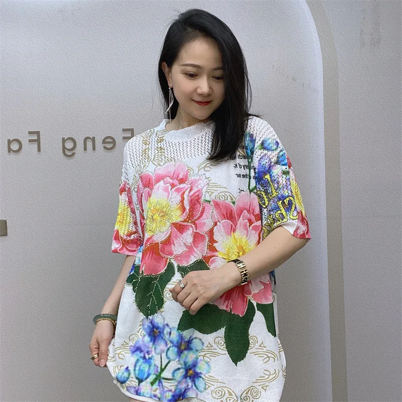 Women Diamonds Spring Summer New Short-Sleeved Sweater Women's Round Neck Pullover Flower Printed Hollow Top Oversized T-Shirt