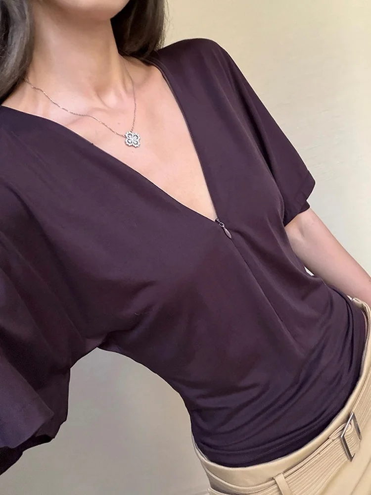 Laid-back Style V-neck Batwing Sleeve Slimming Short-sleeved T-shirt Women's Summer Fashion Casual Top Trendy Citywalk Wear