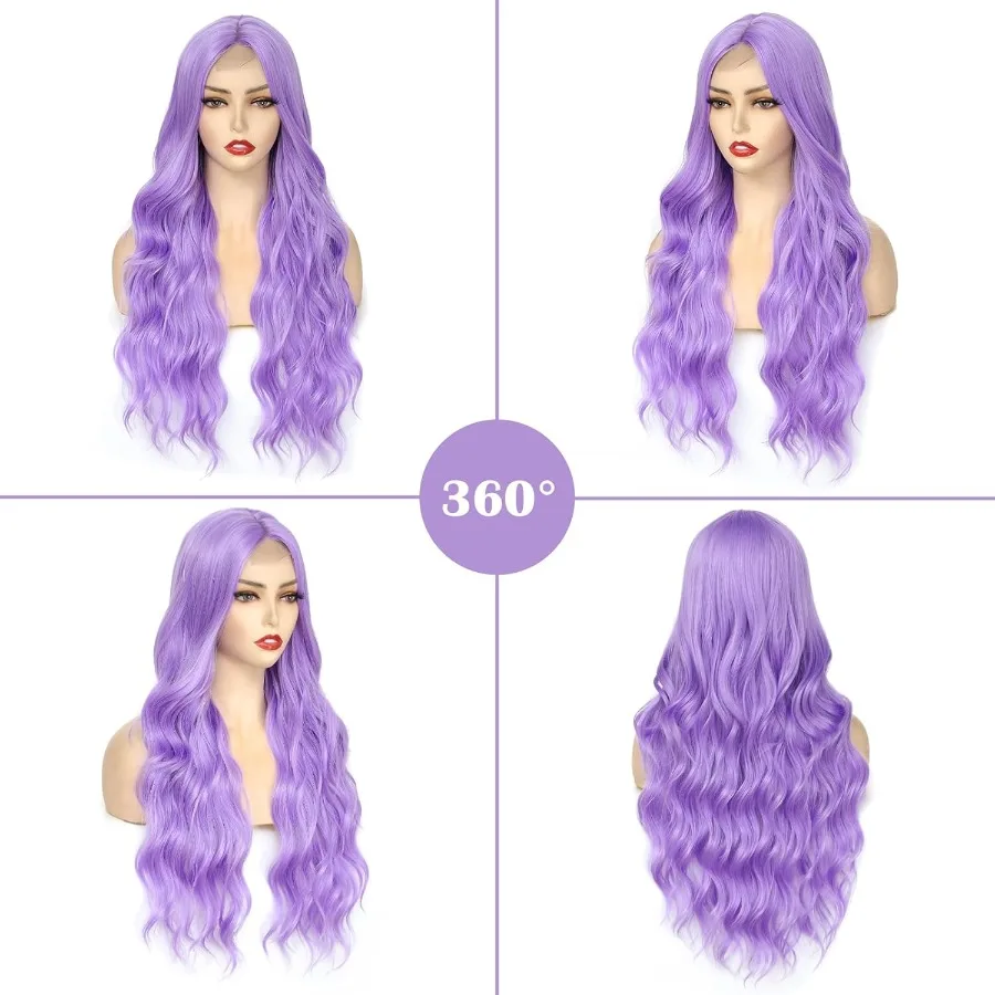 Longo roxo ondulado peruca para mulher 26 Polegada luz roxo parte média encaracolado peruca de cabelo sintético aparência natural fibra resistente ao calor para
