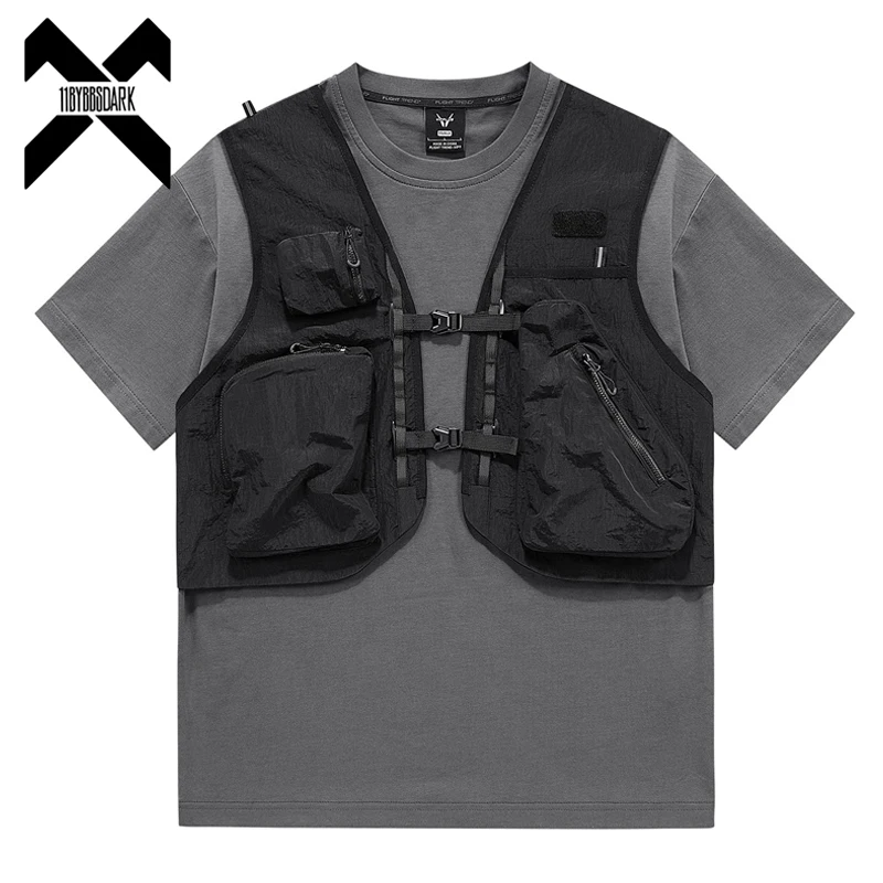 2025 Summer Tactical T-Shirt Mens Techwear Fake two Pieces Functional T Shirt Streetwear Harajuku Tshirt Tees Tops