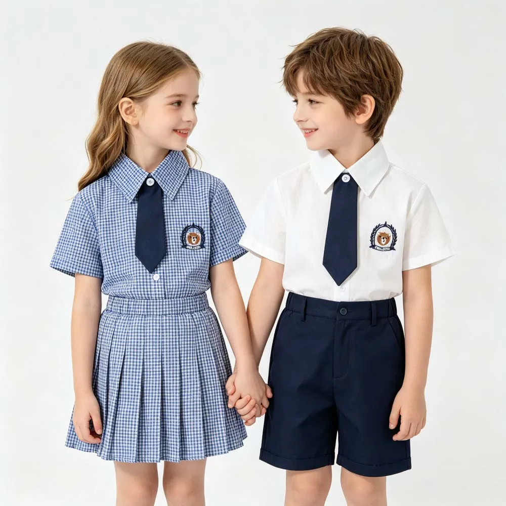 Back To School Kids Boys Girls Short Sleeve Uniform Shirt With Tie EmbroiderTurn‑down Collar Children Preppy School Blouse Top