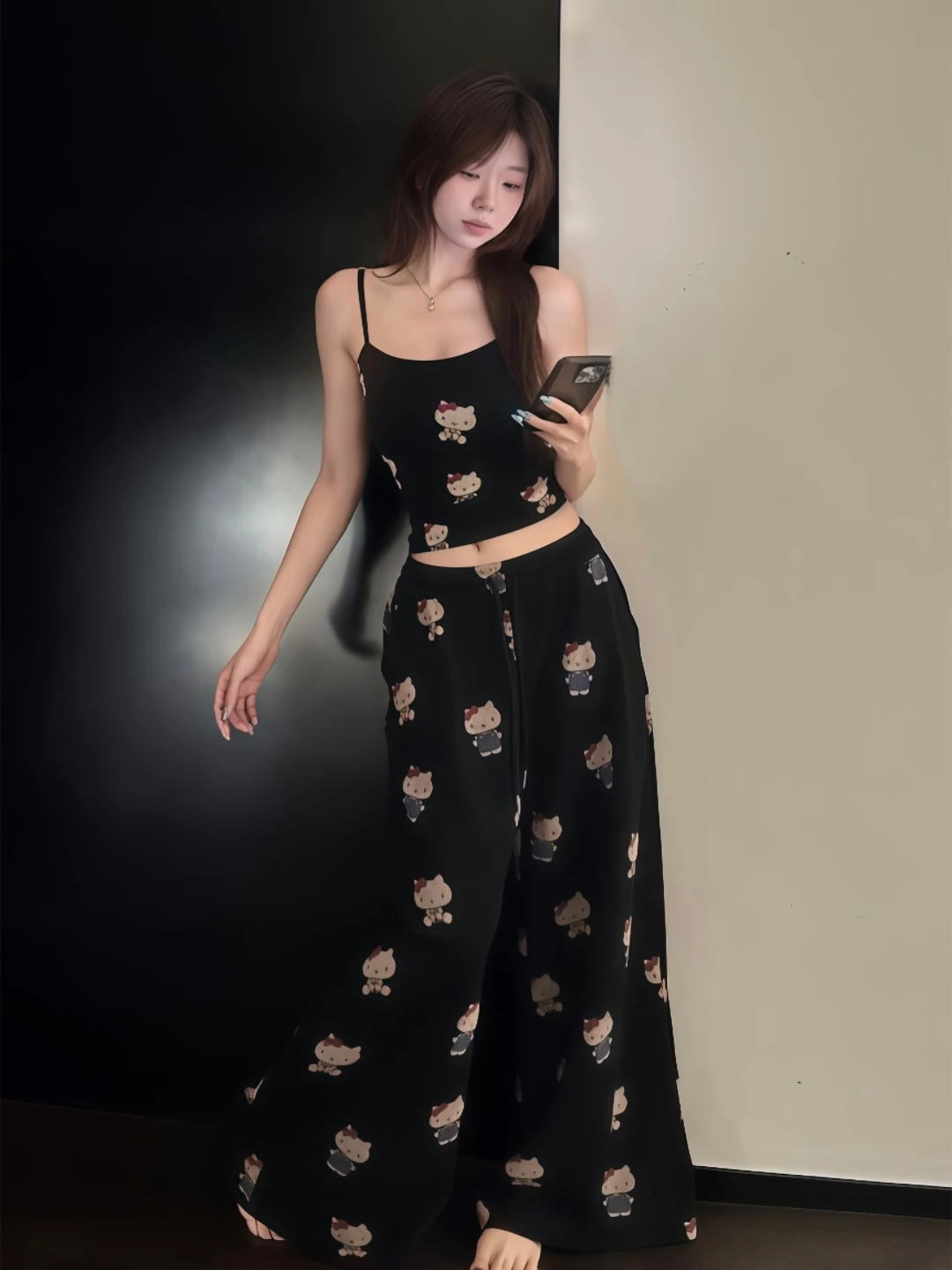 Lush Style Cartoon Print Gentle Wind Thin Strap Short Top Wide Leg Floor Length Pants Slim Fit Baring Waist Lazy Two Piece Set