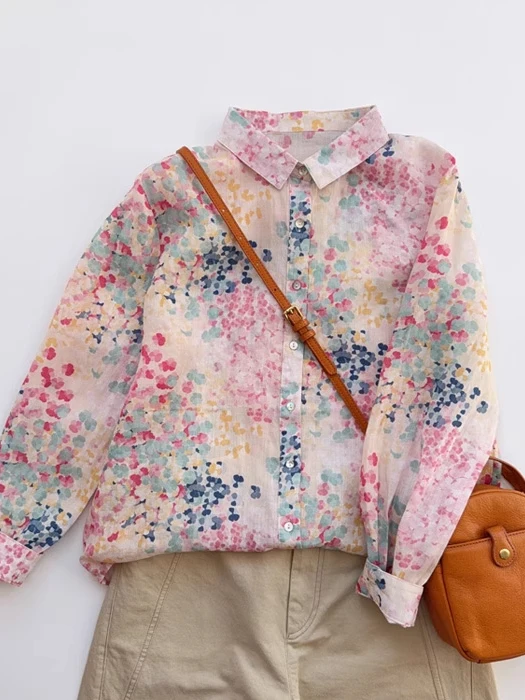

Macaron Colored Linen Floral Print Shirt Women's Summer Thin Loose Top Printed Blouse Korean Style Commute Fashion