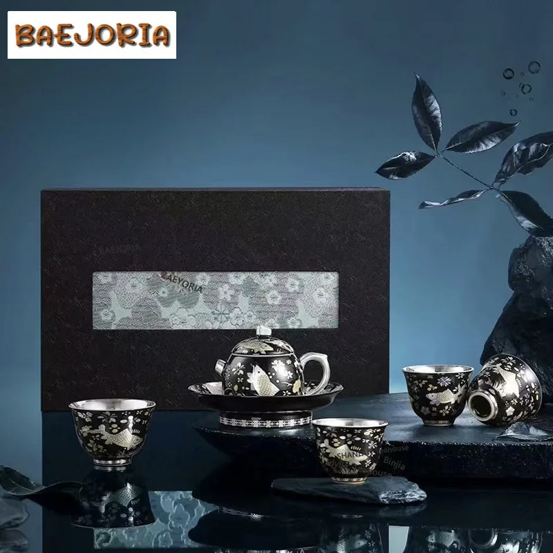 BAEJORIA Fish And Algae Patterned Teapot Set Boutique Gilt Silver Master Cups Set Vintage Tea Ceremony Set 1 Pot 4 Cups Gift