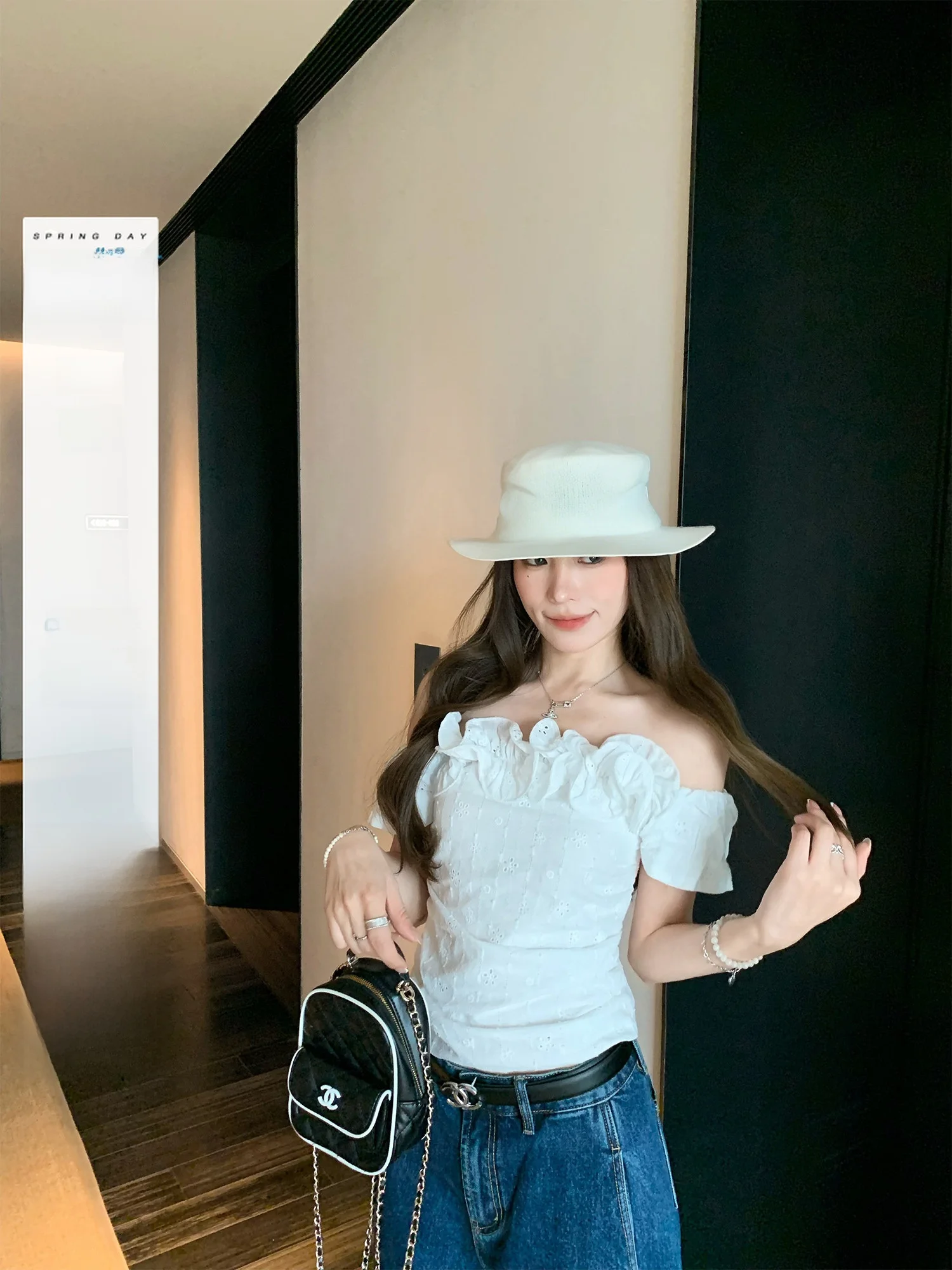 

Hhyii White Embroidered Hollow out One Shoulder Short Sleeve Women's Top Casual Loose Fit Bubble Sleeve Summer Fashion
