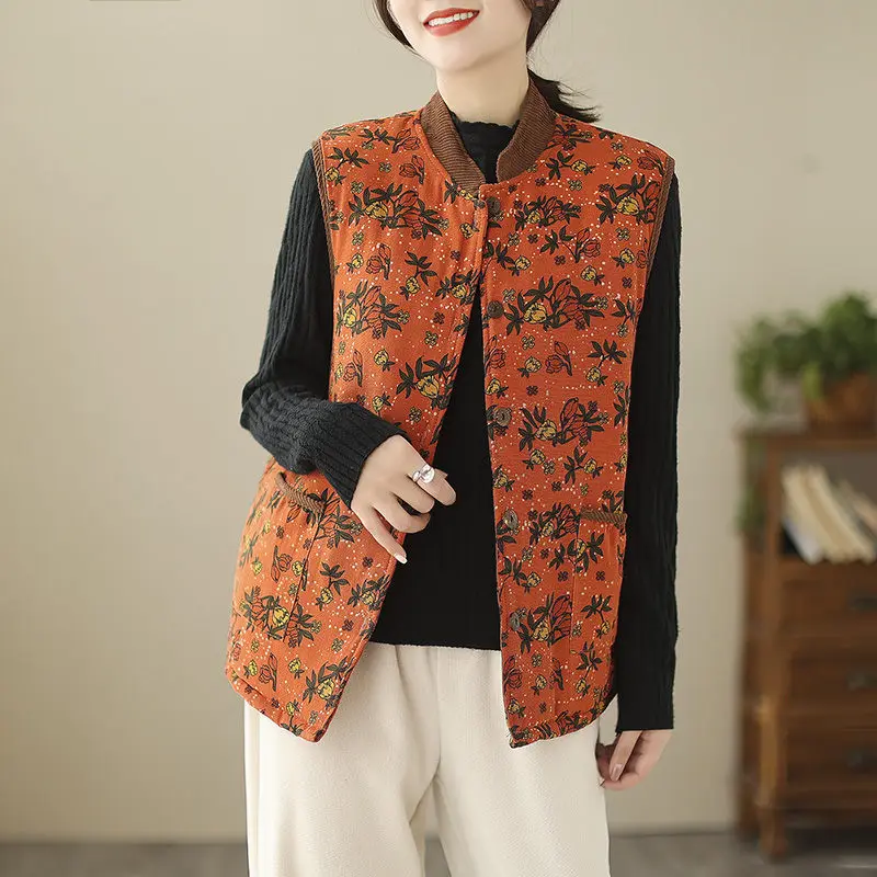 Autumn Winter Floral Vest Jacket Cotton And Linen Loose Large Size Retro Versatile Casual Quilted Top Sleeveless Waistcoat T1590