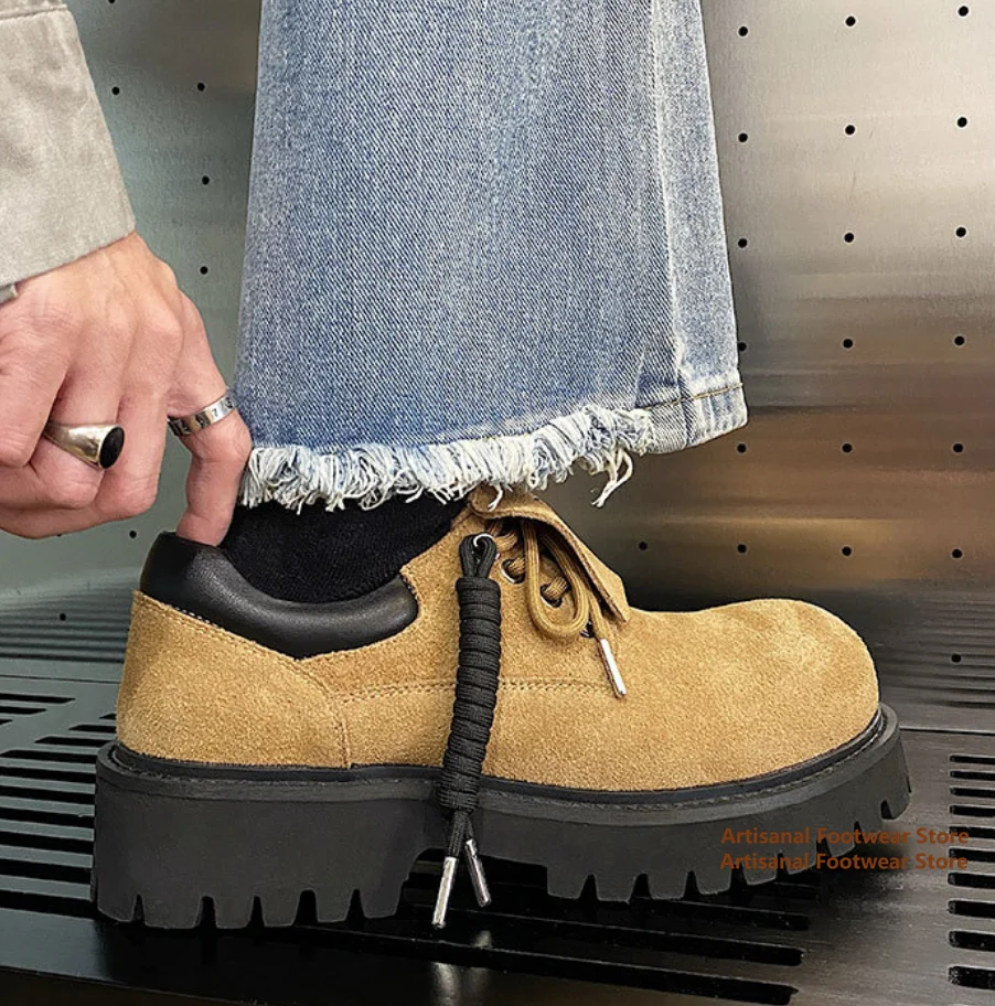 سميكة سوليد الجلد المدبوغ ديربي أحذية الرجال الرجعية كبيرة جولة تو الجلود حذاء كاجوال الارتفاع زيادة العصرية الجديدة في أحذية رجالي #5