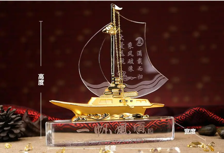 TOP GOOD Desk Business Decorative art Talisman -ALL GOOD LUCK crystal Sailboat FENG SHUI Mascot Sculpture statue