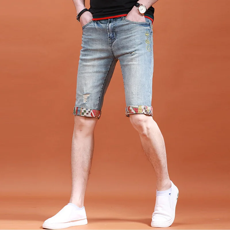 Ripped Embroidered jeans Shorts Men's Summer Thin Breathable Slim Stretch Fashion Street Personality Retro High-End Denim capris