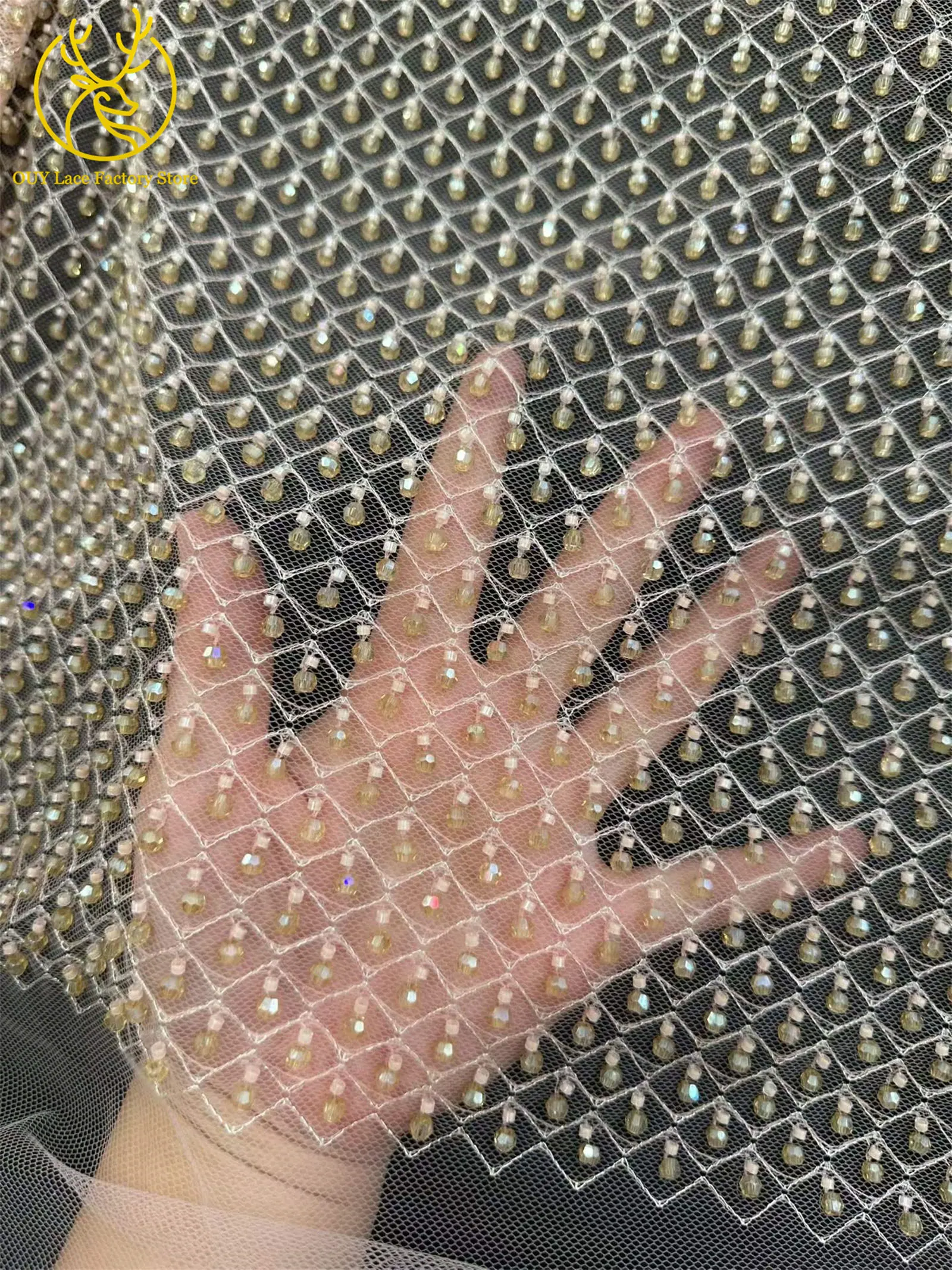 5 Yards Nigerianischer Stein-Tüll-Spitzenstoff, brauner afrikanischer Spitzenstoff, hochwertige französische Perlen-Pailletten-Spitze zum Nähen von Partykleidern – Detail 9