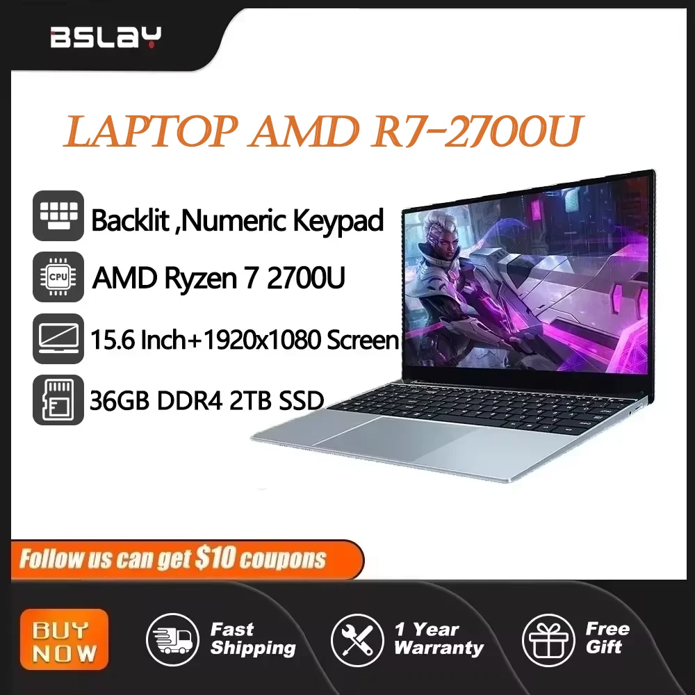 Laptop Gaming AMD R7 2700U 36GB DDR4, SSD 2TB 5G Wifi Windows 11 Netbook Buka kunci sidik jari kamera HD portabel komputer kantor