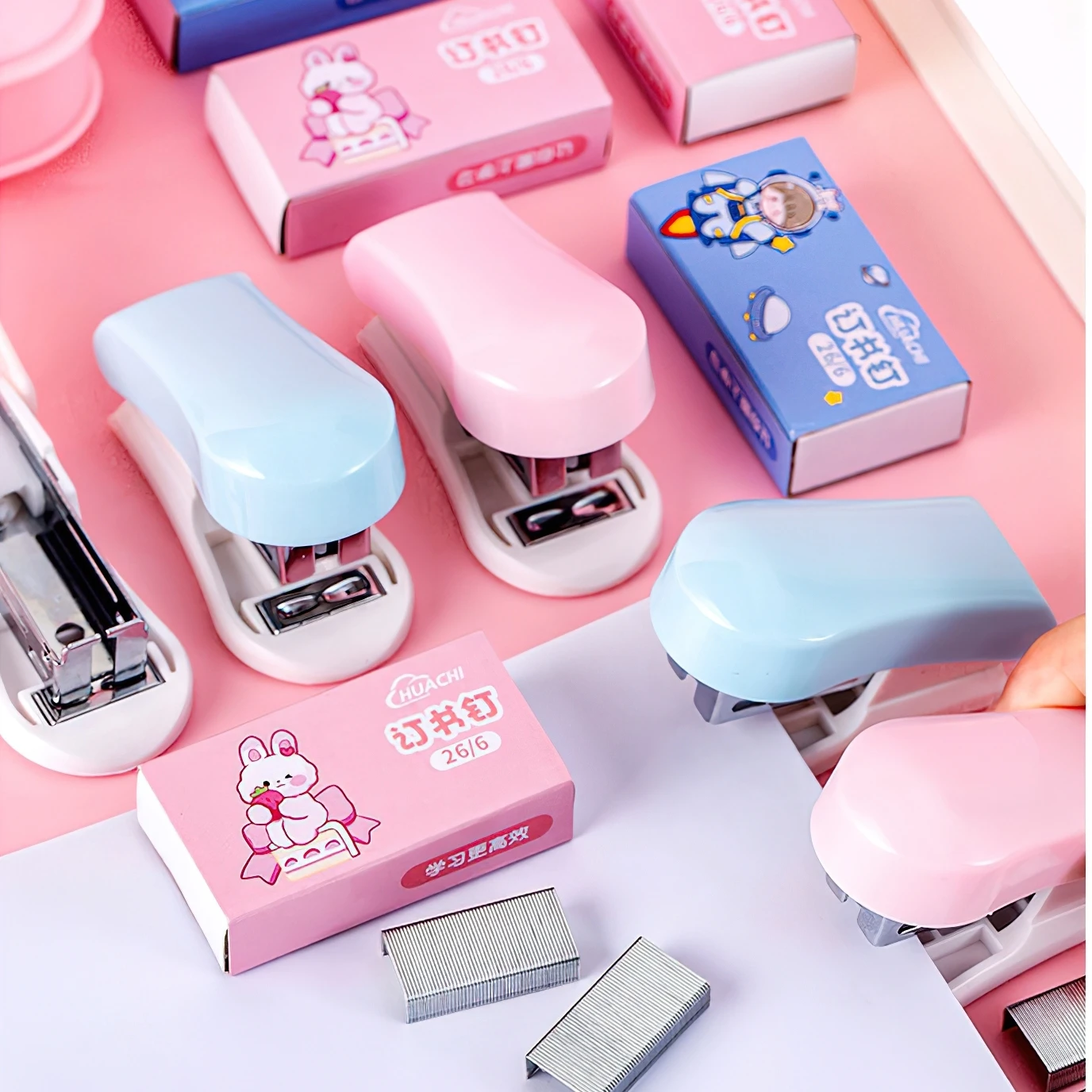 1 set di mini cucitrici color macaron, include 1000 graffette e coda di rimozione, strumenti di rilegatura in metallo leggero per risparmiare manodopera F7884
