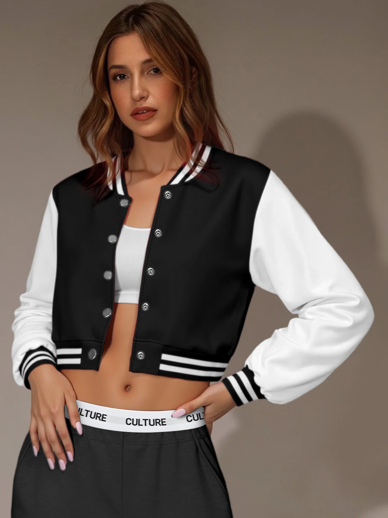 Women Casual Cropped Varsity Baseball Jacket Color Block Striped Trim Long Sleeve Slim Short Outerwear