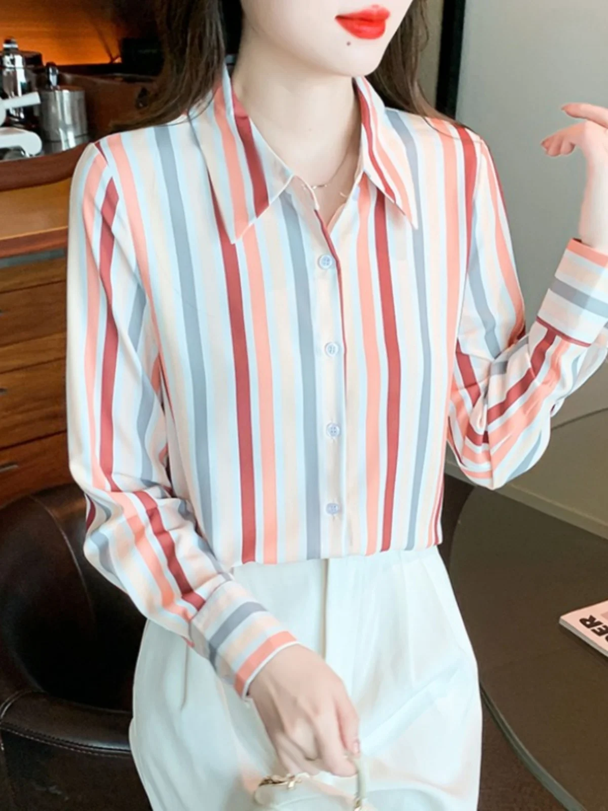

Women's Long Sve Stripe Chiffon irt Autumn Winter High End Unique Faion Top Spring Summer Versatile Sle Polyester Fiber