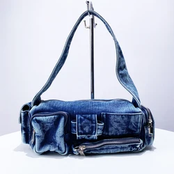 Denim Moto & Bike Underarm Bag For Women Luxury Designer Handbag And Purse 2024 New In Vintage Multiple Pockets Zipper Shoulder