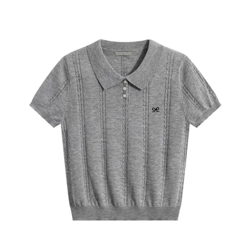 

Women's French Style Chic Thin Polo Shirt Ice Silk Knitted Summer Top Short-Sleeved Slim Look T-shirt