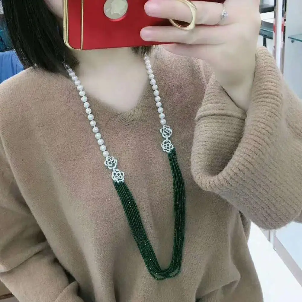 

Hand knotted double use 8-9mm white freshwater pearl necklace green glass multilayer long 95cm sweater chain fashion jewelry