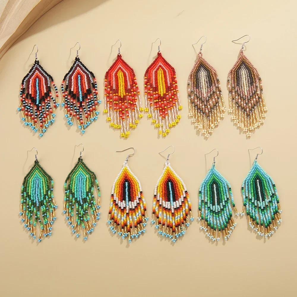 

Rice bead earrings Gradient Long tube Tassel Fashion Hand weaving Bohemia Simplicity Alloy Female Versatile Beaded earrings