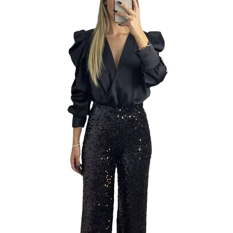 Camicia da donna in raso allentato a maniche lunghe primavera ed estate nuova moda casual con scollo a V multicolore