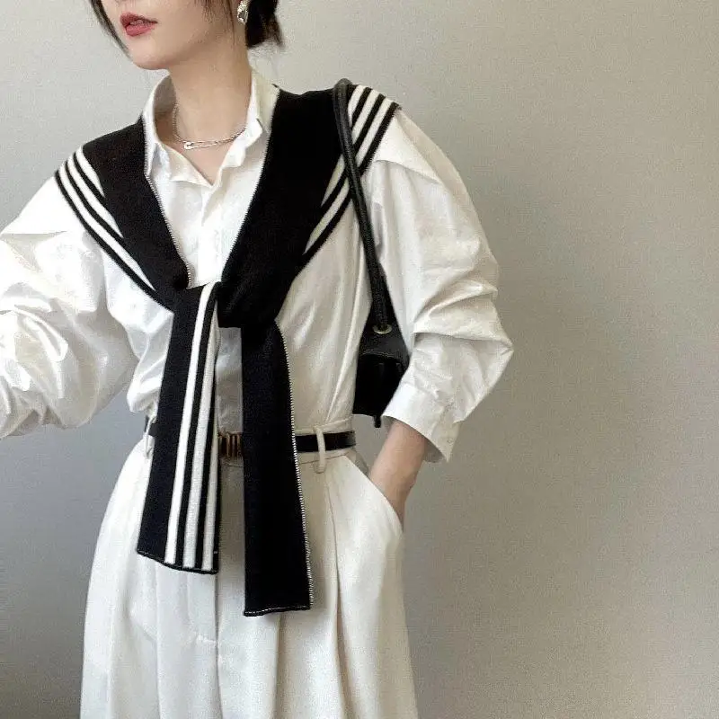 Hot High-grade Small Shawls Women Black White Stripes Outside Shirt Spring Autumn Knit False Collar Warm Shoulder 24W003