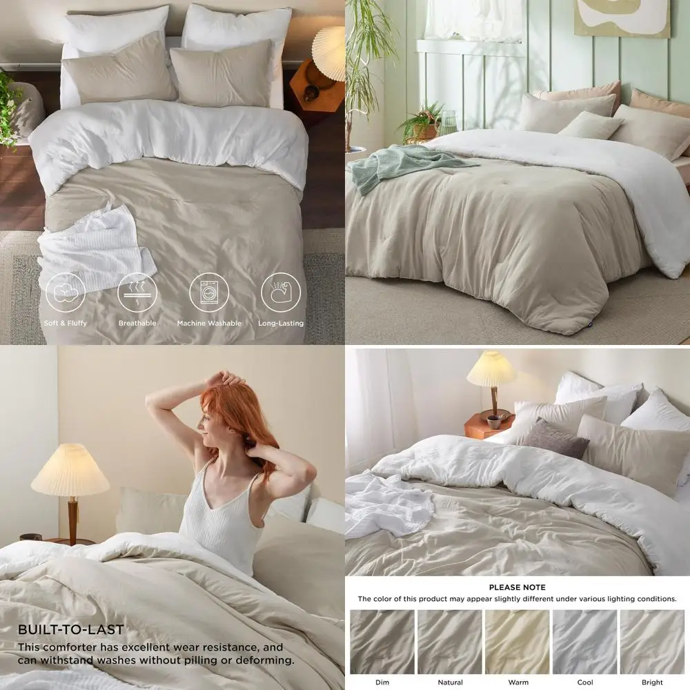 

Бежево-белый комплект постельного белья из 3 предметов, предварительно стираный, для всех сезонов, включает легкое одеяло и 2 наволочки