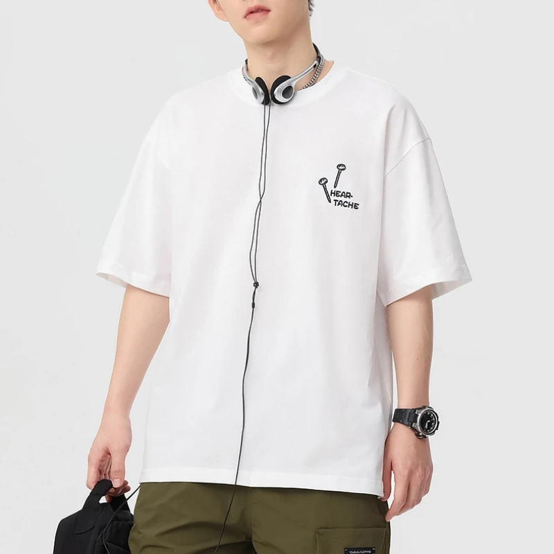 Japanese Korean Simple Studded Embroidery Short Sleeve T-Shirt Men's Summer Cotton Loose Peplum Body Shirt