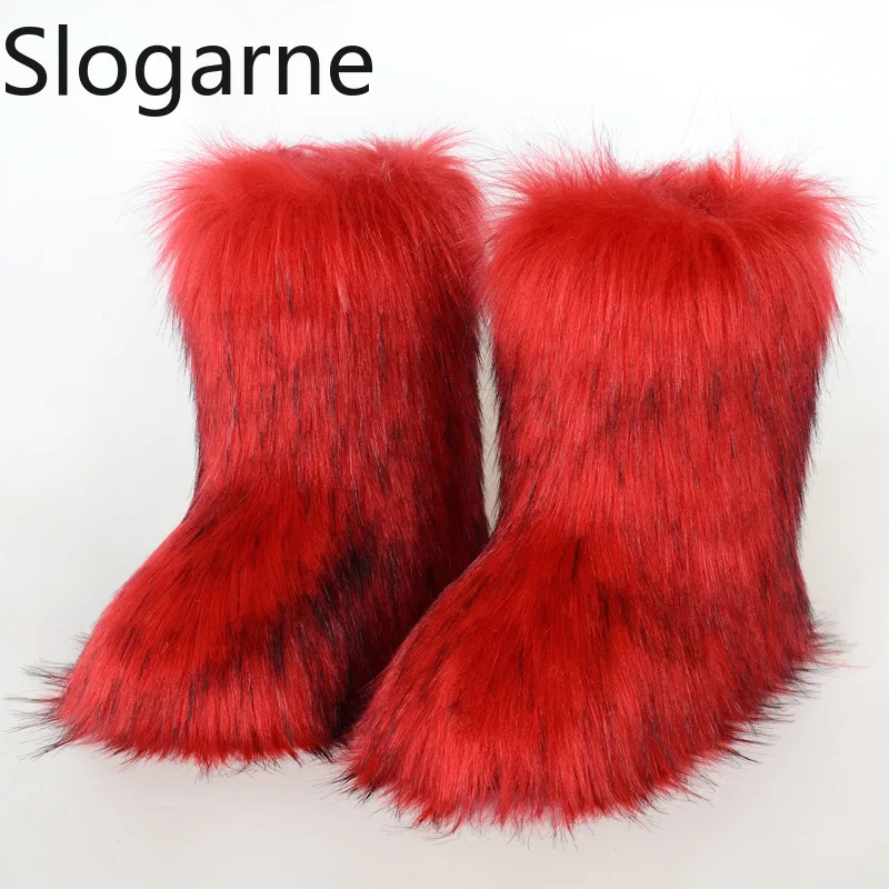 2024 Women Winter Fluffy Fur Boots Woman Furry Snow Boots Plush Warm Outdoor Footwear Girls Luxury Faux Fox Fur Platform Shoes