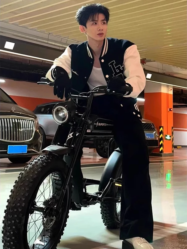 

White Jingting Men's Straight Leg Jeans Pure Bla High Street American Sle Dungarees Wear Resistant Teenage Spring Faion