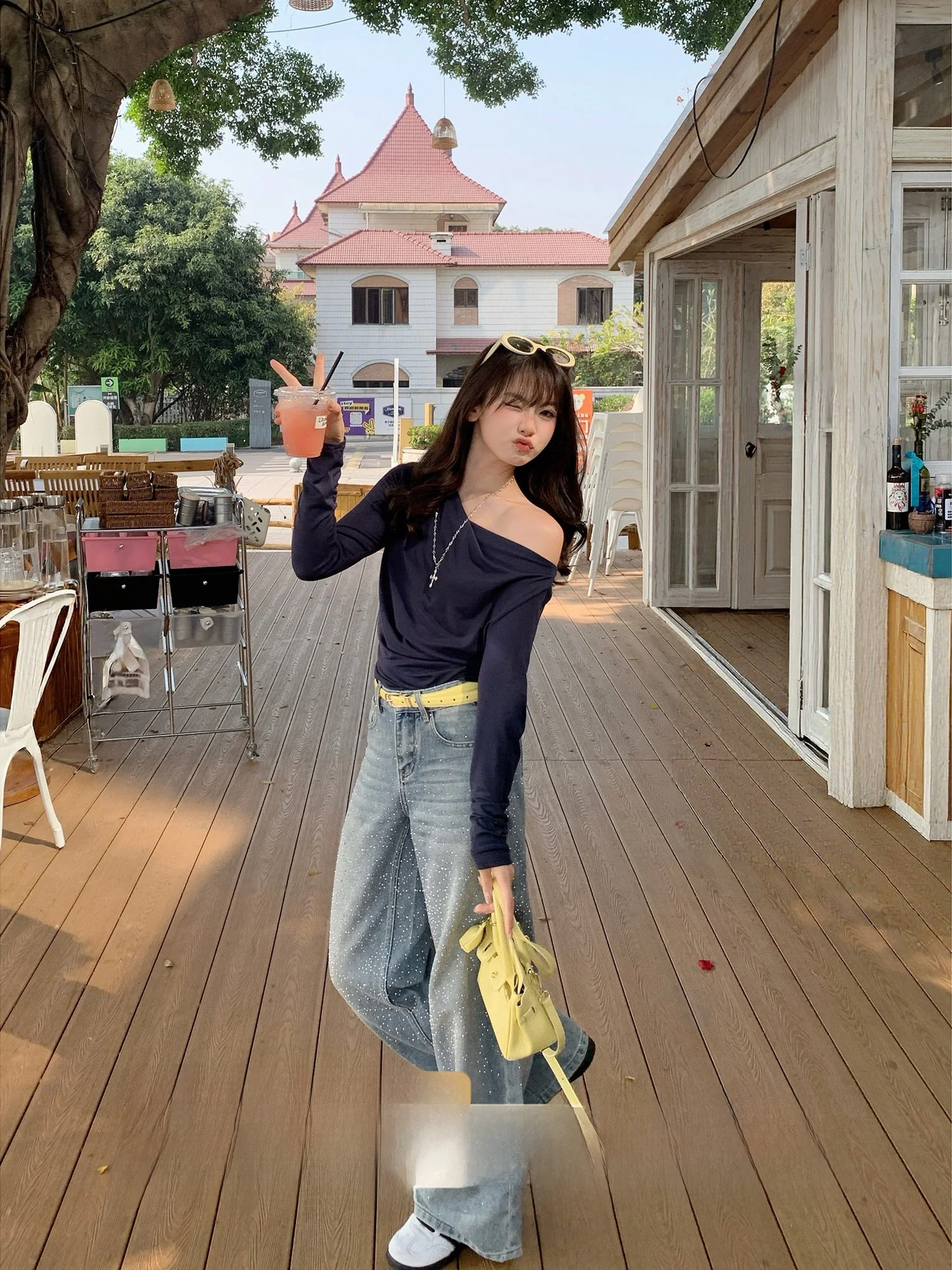 

Loose Women's Jeans High Waist Wide Leg Casual Sle Spring New Design Flaing Sparkling Rhinestone Decorated Blue Denim Pants