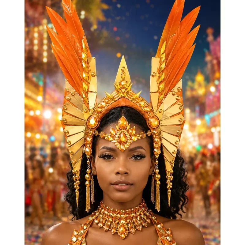 Luxury Orange Gold Fiesta Feather Headdress Samba Parade Costume Headdress Suitable for Festival Performances