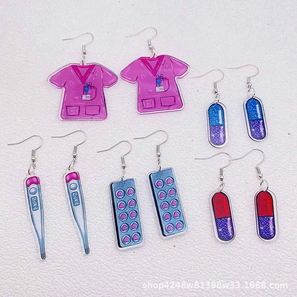 أقراط أكريليك للنساء ، مجوهرات يوم الممرضات ، حبوب طبية ، ترمزي مطبوع ، بيع بالجملة ، جديد