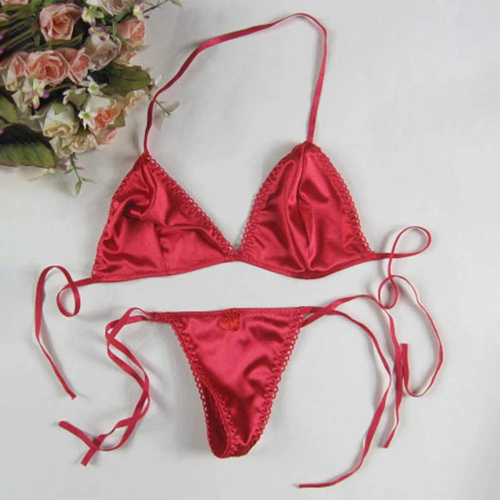 

Lingerie Suit Women Sexy Womens Satin Silk Thong Underwear Bikini Set Bra Panties T-Back Lace Up Lingerie G-string Swimsuit