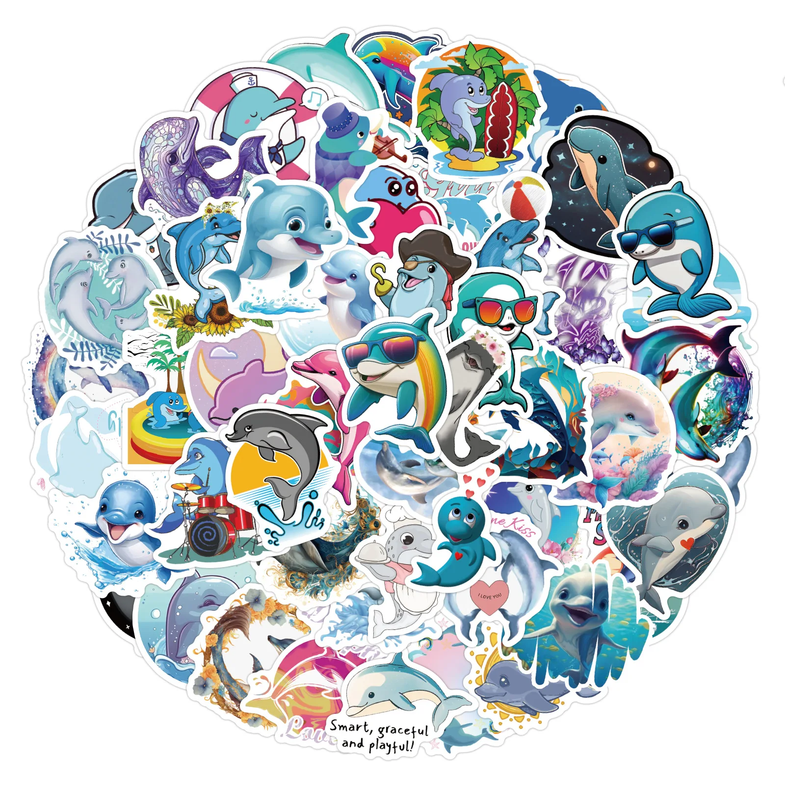 

60PCS Cute Dolphin Ocean Animals Graffiti Stickers Personality Decorative Water Cup Computer Guitar Waterproof Decal Kids Toy