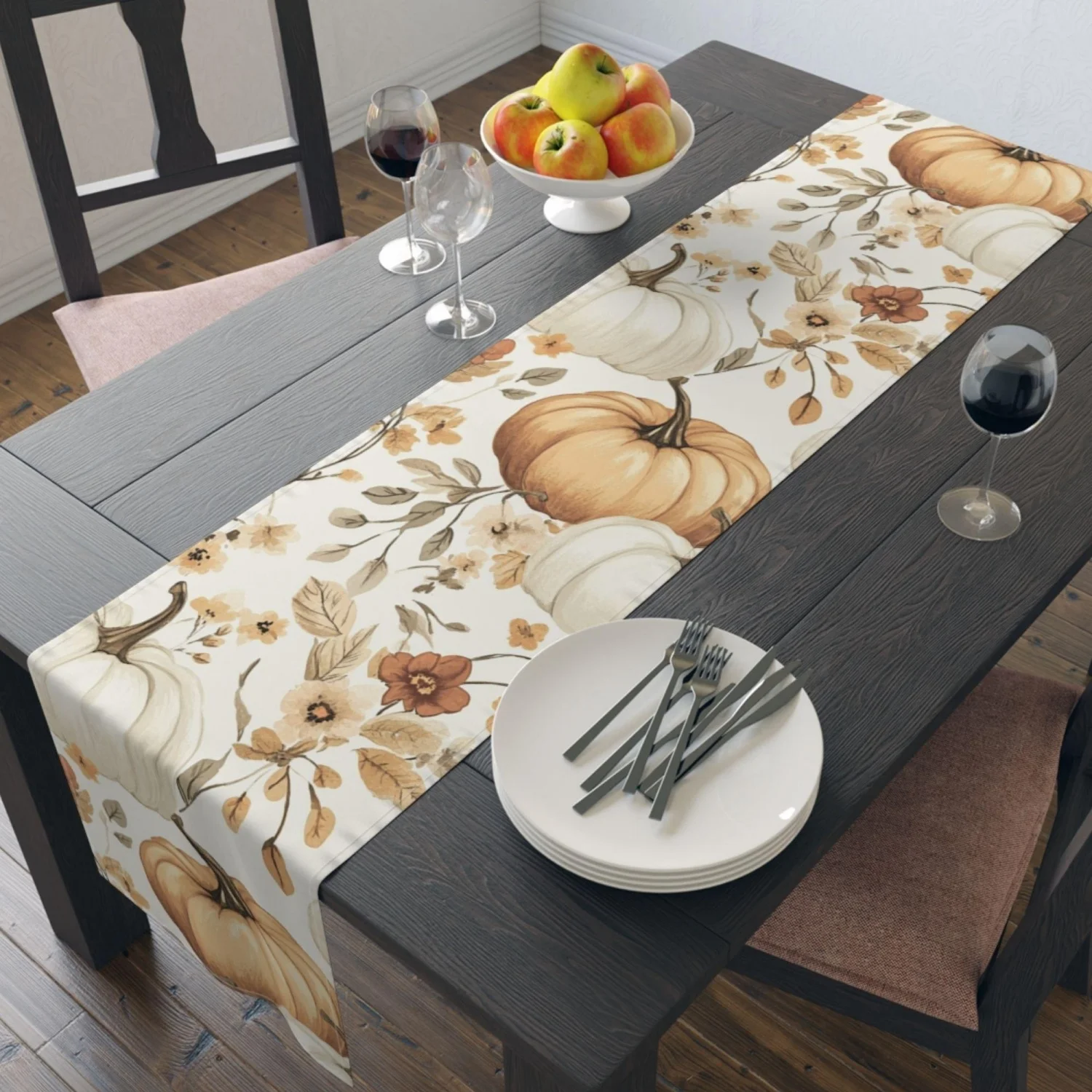 1pc Pumpkin Floral Table Runner Autumn Harvest Farmhouse Decor,Linen Runner,Housewarming Fall Trend Home Decor