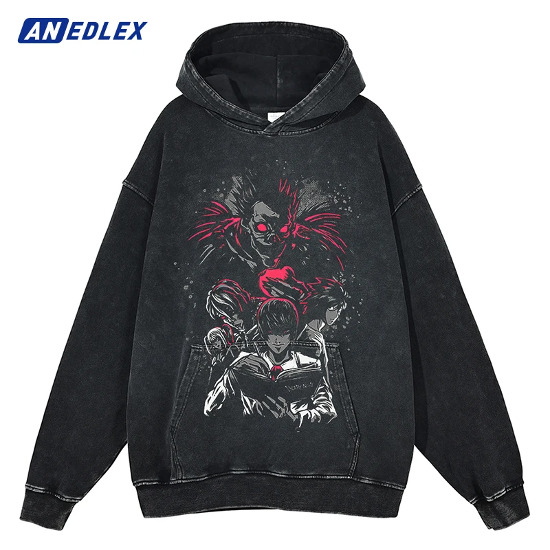 

Men Streetwear Vintage Hoodie Sweatshirt Japanese Anime Graphic Washed Black Hoodie Hip Hop Autumn Harajuku Hooded Pullover