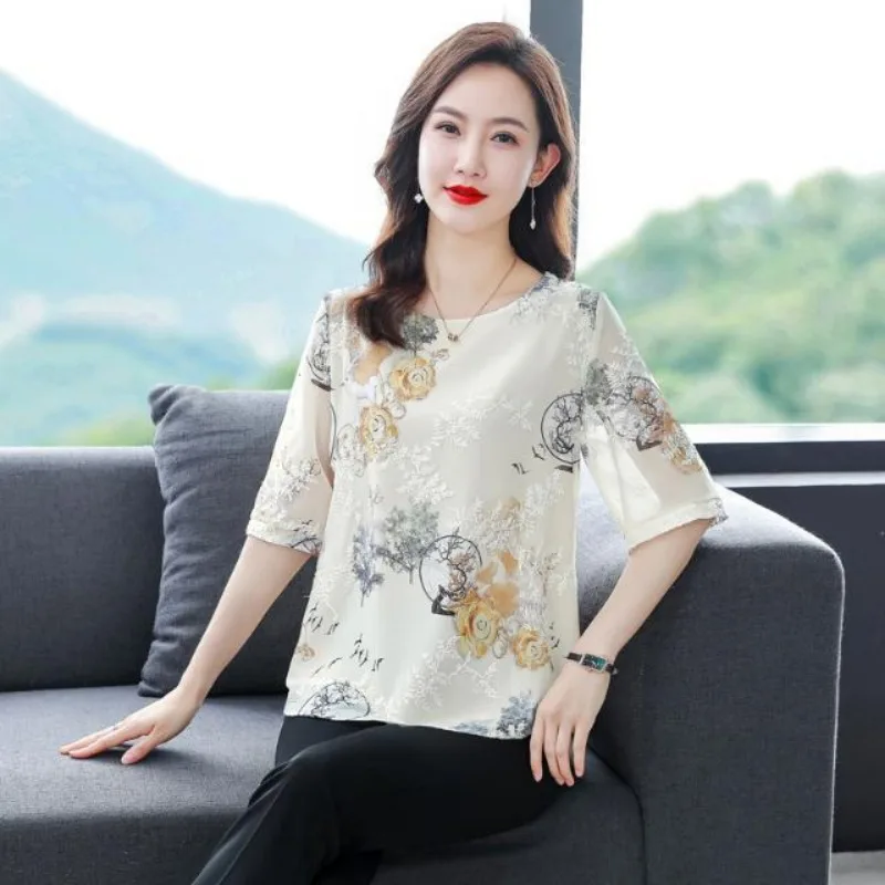 Women Summer Fashion Printing Loose Appear Thin O-neck Short Sleeve Chiffon Shirts Women Clothes Elegant All-match Trend Tops