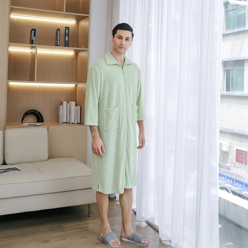 New Style Pajamas One-piece Zipper Nightdress Couple MIDI Style Bathrobe Soft Night Gown Couple\'s Loungewear Comfort Ventilate