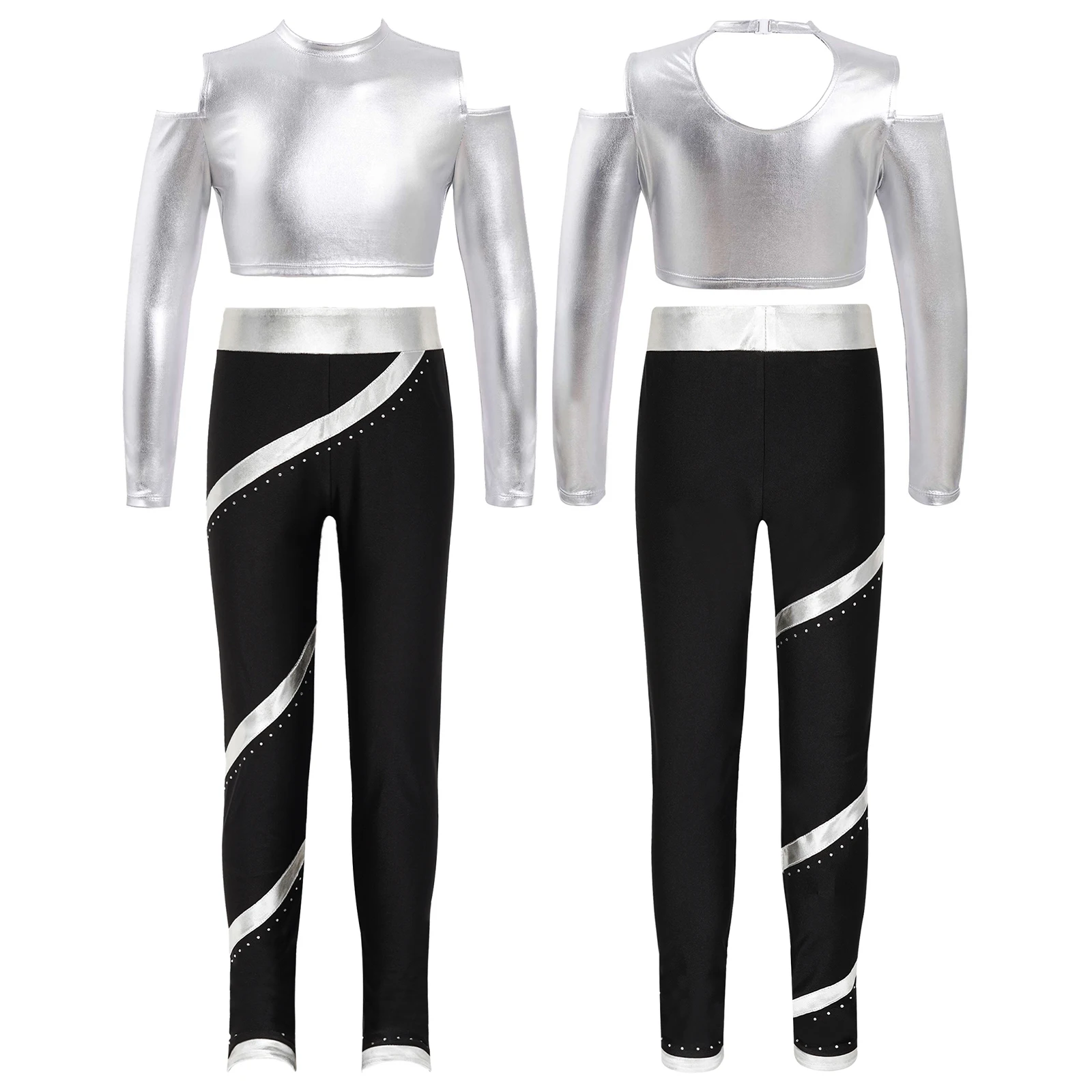 Kids Girls Tracksuit Long Sleeves Shiny T-Shirt Crop Tops+Leggings Pants for Hip Hop Jazz Dance Fitness Gymnastics Performance