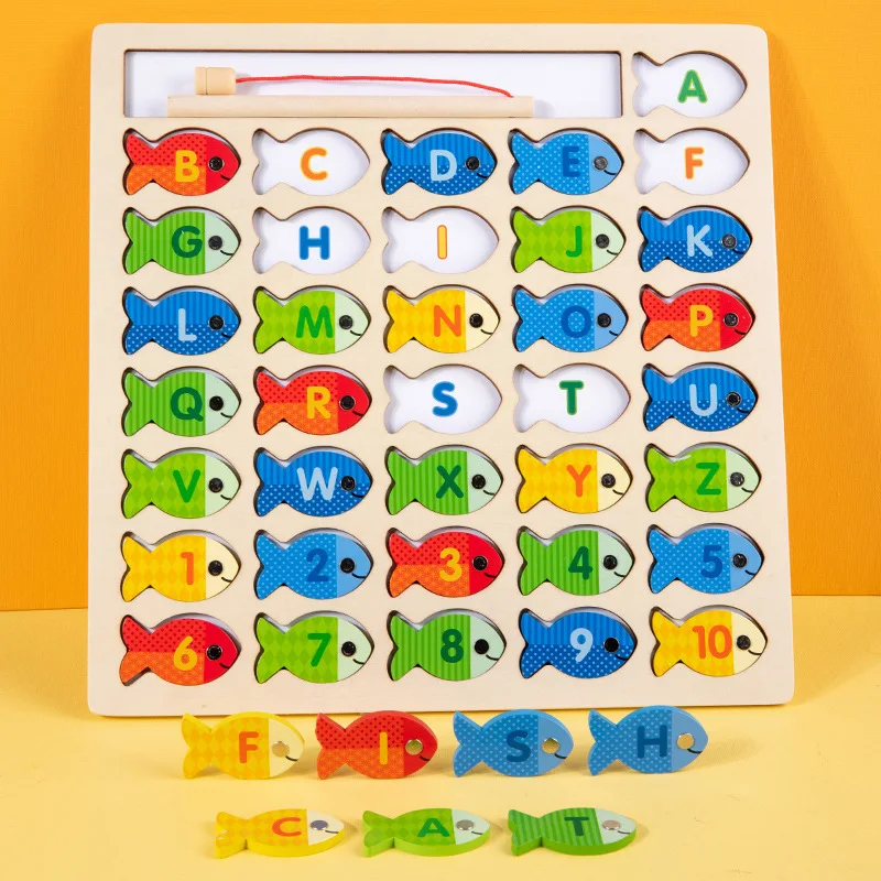 Children's educational toys magnetic fishing games wooden alphanumeric cognitive fishing toys boys and girls parent-child game