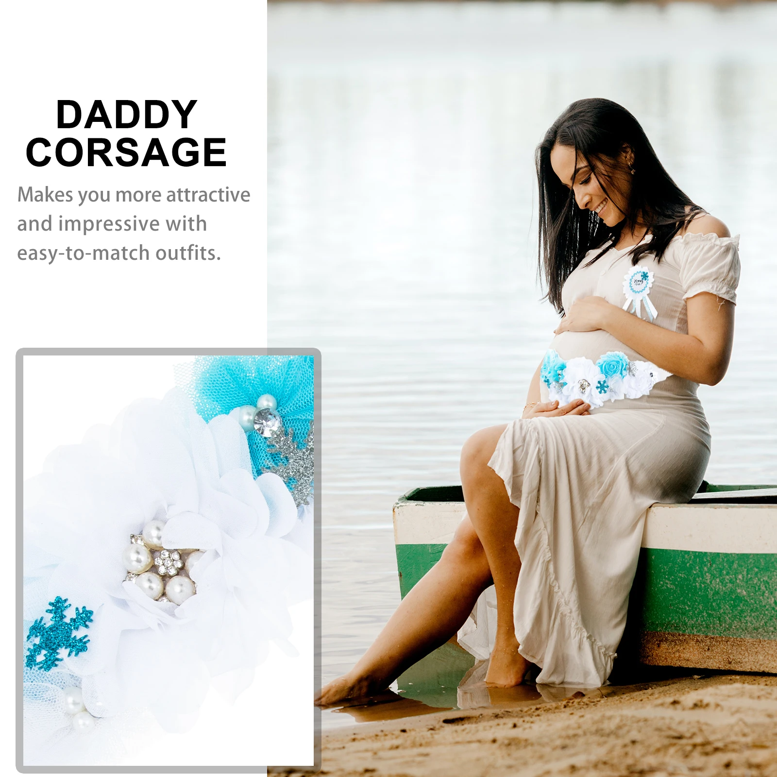 

Waist Belt Badge Set Baby Shower Sash Photo Prop Mommy Flowers Daddy Corsage Pregnancy Belly White Pregnant Woman Premium