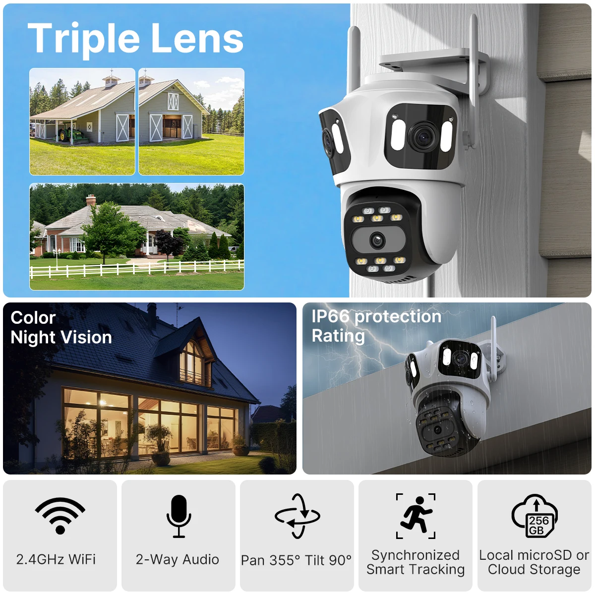 WONSDAR Three Lens Three Screen IP Camera WiFi External Triple Lens Auto Track Security PTZ HD Camera ICsee Video Surveillance