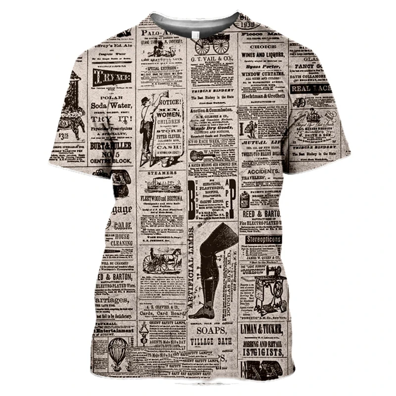 Old Newspaper 3D Printed T-shirt Men Women Casual Fashion Hip Hop Funny Short Sleeve Streetwear Vintage Tees Tops Summer Tshirts