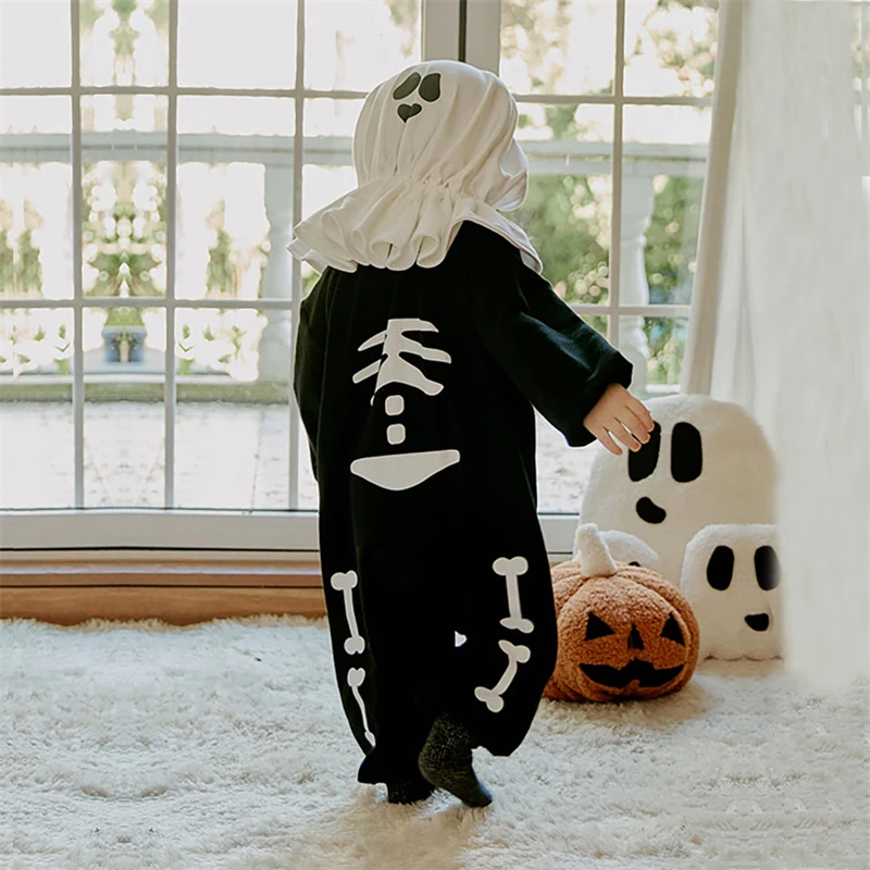 Szkielet Romper Baby 2 szt. Zestawy kostiumy na Halloween duch płaszcz biały kapelusz podwójnego zastosowania dla dzieci strój Cosplay dla chłopców