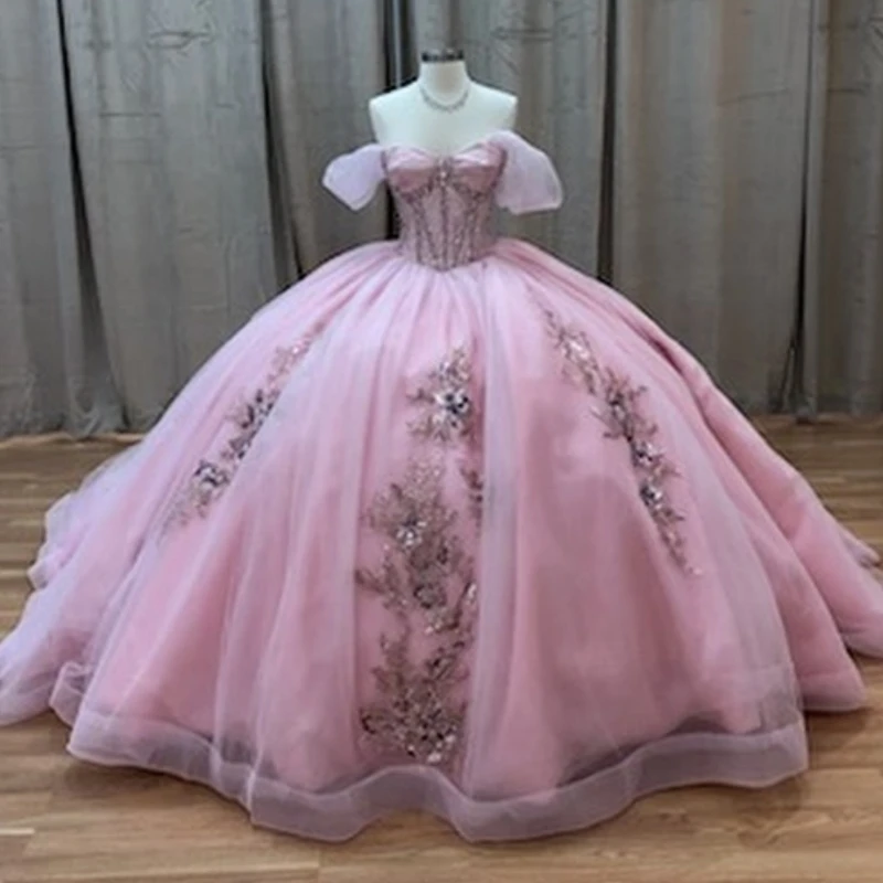 

Pink Shiny Ball Gown Quinceanera Dresses Off The Shoulder Sequin Applique Lace Beading Crystal Tull Beading Party Birthday Sweet