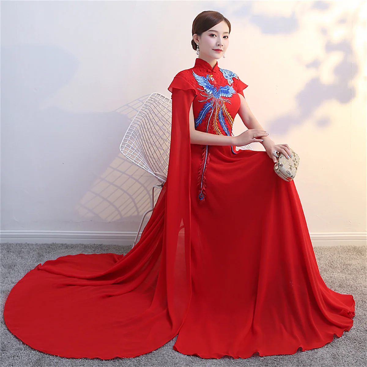 

New and improved long Chinese style dress, elegant big cloak, runway cheongsam performance costume, stage performance costume