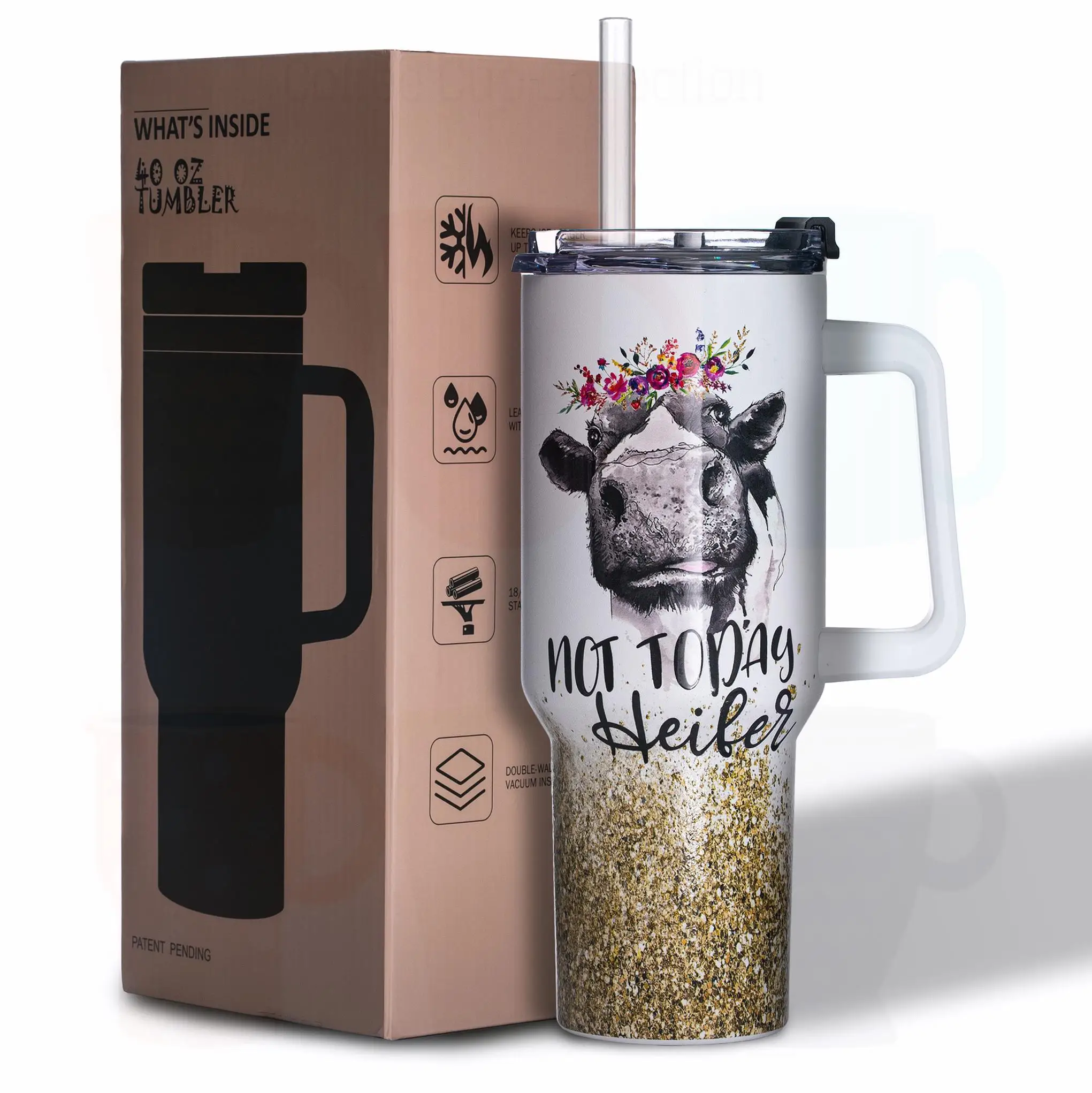 

40 oz Stainless Steel Vacuum Insulated Handle Tumbler - Cow Pattern, BPA Free, Double Wall, Fun Gift for Women