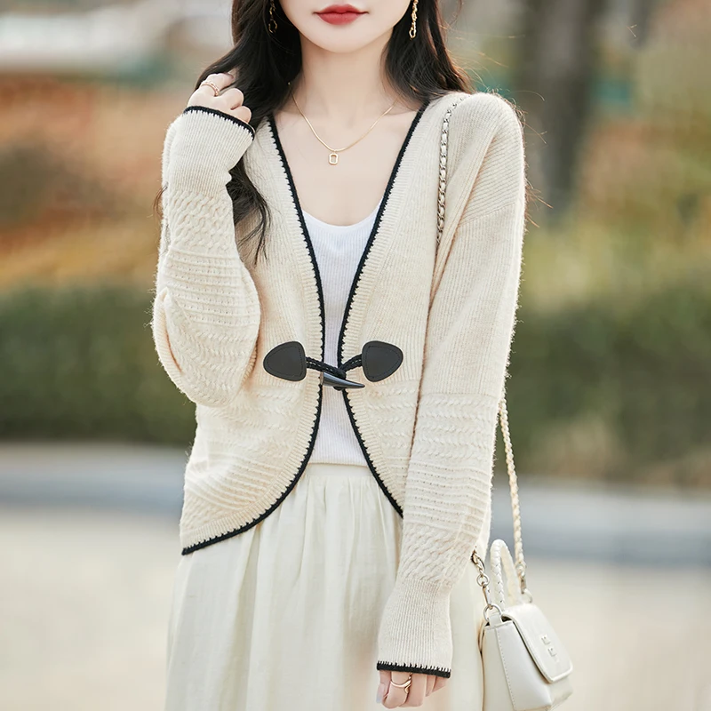 

Spring 100% Merino Wool Cardigan Women's V-Neck Jacquard Large Size Jacket Fashion Short Button Coat Loose Color Matching Shirt