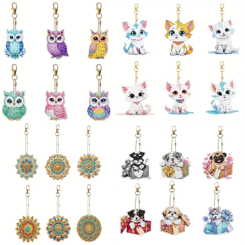 6-piece/set DIY Diamond Keychain - Owl Pattern Animal Series, Handmade Decoration, Diamond Painting Set Material, Handmade Mosai