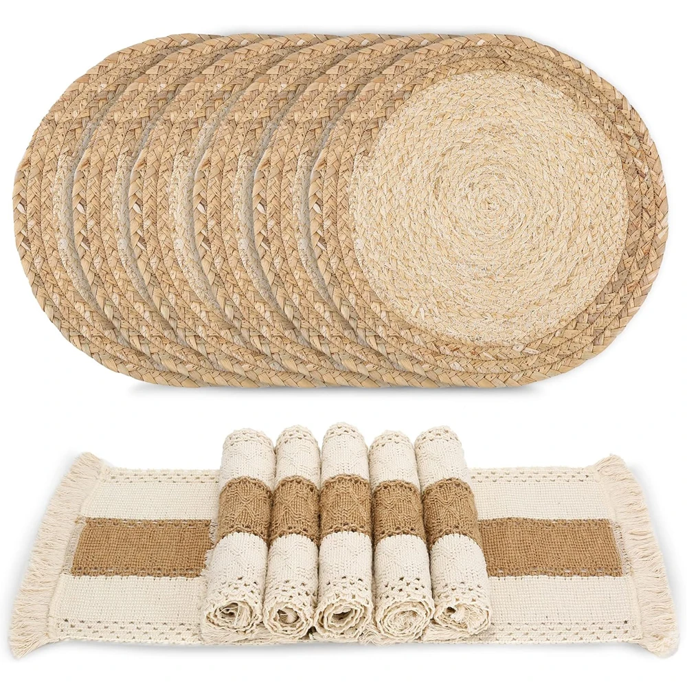 Handmade Boho Placemats Set Natural Cotton Burlap and Water Straw Woven Combination Table Mats, Macrame Décor Farmhouse Style