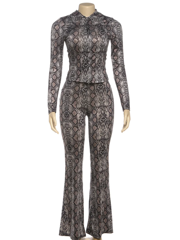Sisterlinda Wild Sexy Snake Print 2 Piece Set Woman Lapel Double Zip Design Full Sleeve Tops+Slim Long Pants Midnight Outfits
